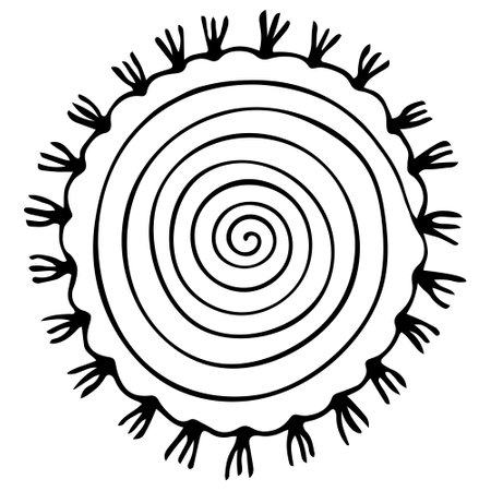 The carpet is round. sketch. Floor covering with hypnotic spiral ornament. Patterned floor mat with fringes. vector illustration. Rug in doodle style.のイラスト素材