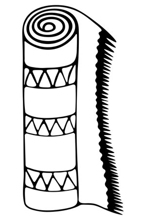 <p>Rug in doodle style. The carpet is placed on its side, rolled up. sketch. Floor covering with zigzag pattern and fringe. The floor mat is twisted. vector illustration. Coloring book.</p>のイラスト素材
