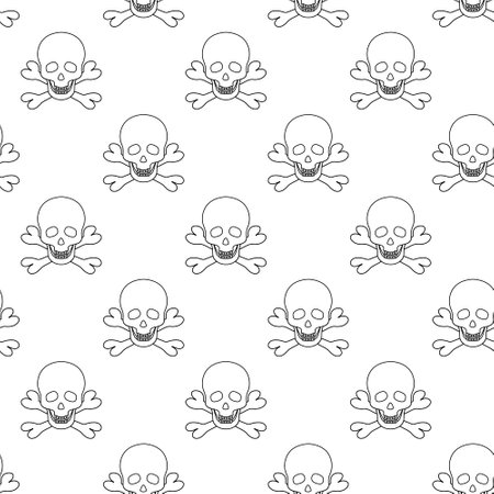 Skull and crossbones. sketch. Repeating vector pattern. Pirate symbol seamless pattern. Part of the skeleton. isolated background. Doodle style. Jaw with straight teeth.のイラスト素材