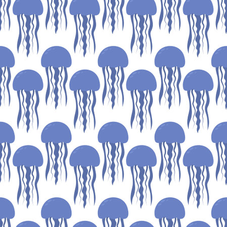blue medusa. Eared Aurelia. Seamless vector pattern. Endless ornament of marine invertebrates with tentacles. flat style. isolated background. ocean dweller.のイラスト素材