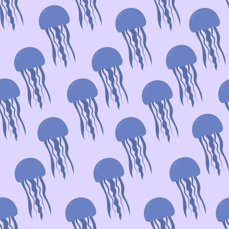 blue medusa. Eared Aurelia. Seamless vector pattern. Endless ornament of marine invertebrates with tentacles. flat style. Isolated purple background. ocean dweller.のイラスト素材