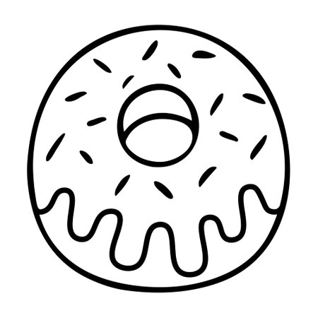 Donut. side view. sketch. The fried delicacy is poured with icing and sprinkled with sprinkles. vector illustration. Coloring book. Lush dessert. Doodle style.のイラスト素材