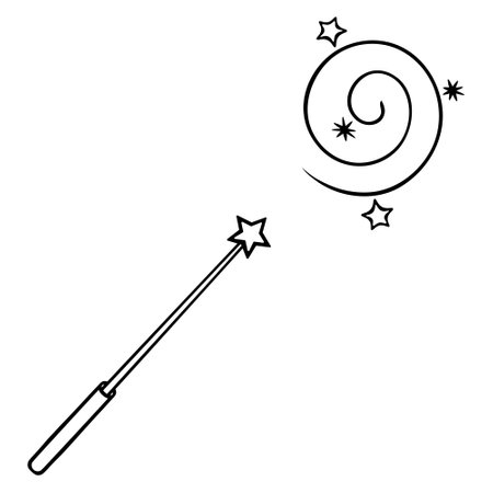 Rotate with a magic wand. sketch. A wand with a star on the end twists fairy dust into a spiral. A tool to create a wonderful atmosphere. vector illustration. Doodle style.のイラスト素材