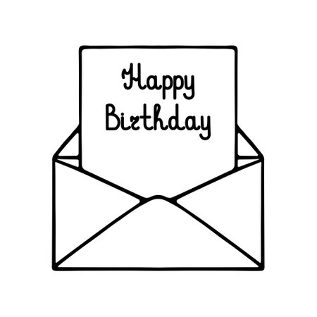 Open envelope with a letter. sketch. From the message you can see a sheet of congratulations on your birthday. vector illustration. Doodle style. lettering. Nice invitation letter.のイラスト素材