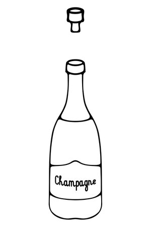 Champagne. Sketch. The cork flew out of a glass container with sparkling wine. Lettering Champagne. vector illustration. Outlines on an isolated background. Doodle style.のイラスト素材