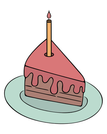 A piece of birthday chocolate cake with an orange burning candle. A sweet cupcake with dripping pink icing on a green platter. color vector illustration. Dessert for a birthday.のイラスト素材