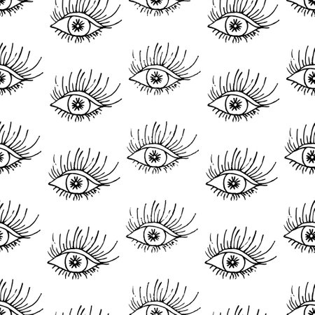 eye. Eye iris, pupil and long eyelashes. Sketch. Repeating vector pattern. Doodle style. Isolated colorful background. Seamless visual pattern. Idea for web design.のイラスト素材
