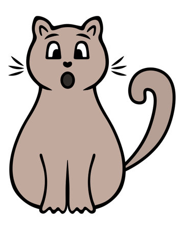 Kitty. Brown cat with a surprised muzzle. color vector illustration. Mustachioed animal with tail raised up. cartoon style. cute pet. isolated background. Idea for web design.のイラスト素材