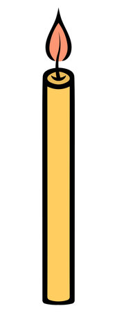 Thin yellow candle. Flaming red fire. Decoration for a birthday cake. Color vector illustration. Cartoon style. Isolated background. Idea for web design, invitations, postcards.のイラスト素材