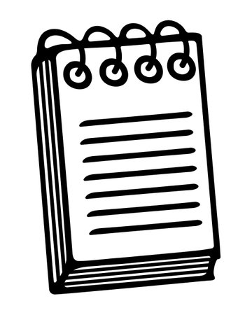 Notebook. Sketch. Notebook on a spring. Vector illustration. Doodle style. Entries on the page. Outline on isolated background. Stationery for notes. Idea for web designのイラスト素材