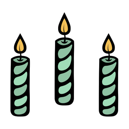 Three green candles. Burning yellow flame of a twisted candle. Decoration for a birthday cake. Color vector illustration. Cartoon style. Isolated background. Idea for web designのイラスト素材