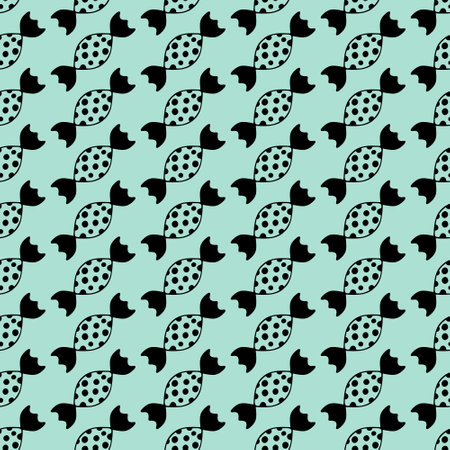 Candy. Silhouette. Lollipops in a wrapper with a pattern of black circles. Repeating vector pattern. Seamless greenish background of delicious caramels. Endless candy ornament.のイラスト素材