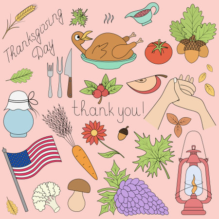 Thanksgiving Day. Collection of color vector illustrations. Isolated pink background. Lettering. Set of colored holiday elements. Cartoon style. Leaves, turkey, harvest, vegetablesのイラスト素材