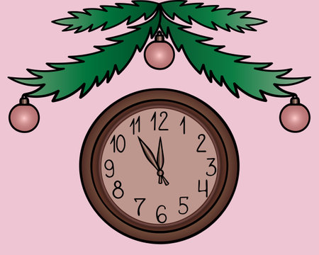 Wall Clock. The time is five minutes before the new year. Fir branches are decorated with glass balls. Color vector illustration. Round, mechanical watch with hands. Arabic numeralのイラスト素材