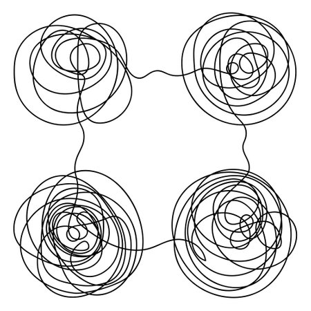 Circles from doodles. Sketch. Four tangled balls fastened together. Vector illustration. Hand-drawn balls of swirling lines arranged in a square shape.のイラスト素材