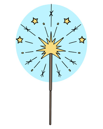 Sparkler. Blue glow. Color vector illustration. Cartoon style. Yellow sparks from a lit fire in the form of stars. Pyrotechnics. Isolated background. A burning attributeのイラスト素材