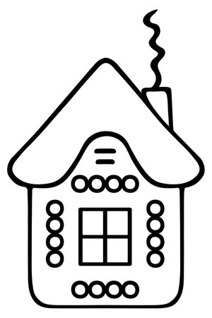 Gingerbread house. Sketch. Shortbread. Vector illustration. Cute house with snow on the roof. Smoke is coming from the chimney. Outline on isolated background. Coloring book.のイラスト素材