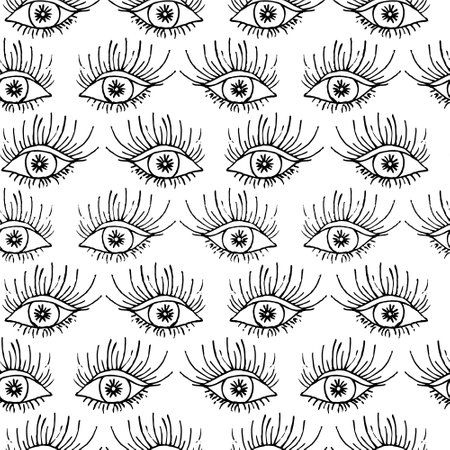 Gaze. Eyes with eyelashes, iris, pupil. Sketch. Seamless vector pattern. Doodle style. Isolated colorless background. Repeating visual ornament. Idea for web design.のイラスト素材