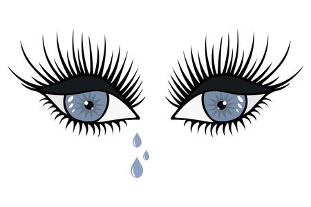 Tears are dripping from blue eyes. Gray shadows on half-closed eyelids. Smokey eye. Crying look. Lush black eyelashes. White highlights on the iris and pupil. Vector illustration.のイラスト素材