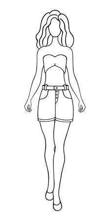 Woman wearing a short strapless top and denim shorts with a belt and pockets. Sketch. Vector illustration. Lady with wavy hair and long legs. Doodle style.のイラスト素材