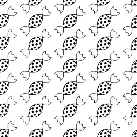 Candy. Silhouette. Caramel wrapped with black polka dots. Seamless vector pattern. Endless background of delicious lollipops. Repeating candy ornament. Idea for web design.のイラスト素材