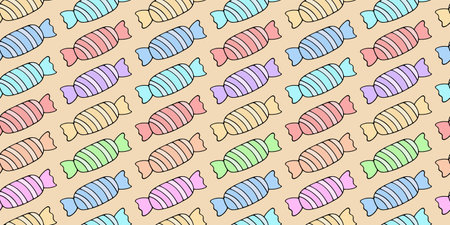 Set of sweets. Seamless horizontal vector pattern. The elongated candy is wrapped in a striped wrapper. Sweet endless background. Isolated yellow background. Cartoon style.のイラスト素材