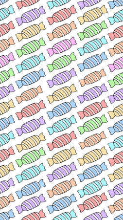 Set of sweets. Seamless vertical vector pattern. The elongated candy is wrapped in a striped wrapper. Sweet endless background. Isolated colorless background. Cartoon style.のイラスト素材