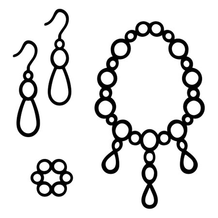 Set of decorations. Sketch. Collection of vector illustrations. Bracelet, necklace, earrings. Precious pearl products. Outline on isolated background. Coloring book for children.のイラスト素材