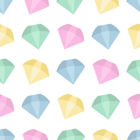 Gems. Repeating vector pattern. Multi-colored crystal with several shining faces. Seamless ornament of diamonds, rubies, sapphires, emeralds, zircons, topazes.のイラスト素材