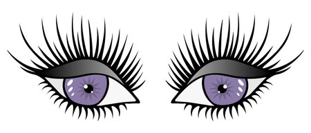 The look of violet eyes. On half-closed eyelids, black eyeshadow. Smokey eye. Lush black eyelashes. White highlights on the iris and pupil. Color vector illustration. Cartoon styleのイラスト素材