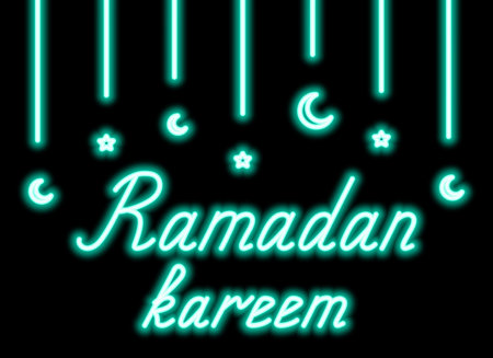 Ramadan Kareem. Garland of crescent and star. Neon turquoise holiday text. Color vector illustration. Isolated black background. Congratulations on Ramadan. Idea for web design.のイラスト素材