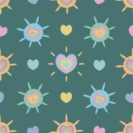 Sun and heart. Seamless vector pattern. Cute colorful symbols. Endless shining ornament. Isolated green background. Idea for web design.のイラスト素材