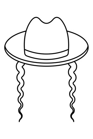 Hat with curls. Sketch. Jewish headdress with sidelocks at the temples. Vector illustration. Outline on isolated background. Coloring book for children. Doodle style.のイラスト素材