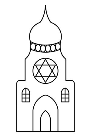 Synagogue tower. Sketch. Vector illustration. Outline on isolated background. Coloring book for children. A place for prayer and ritual reading of the Torah.のイラスト素材