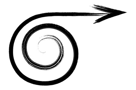 The arrow rotates in a spiral. Sketch. The pointer spins in a circle to the right. Hand drawn sign. Vector illustration. Directional signs made from brush strokes.のイラスト素材