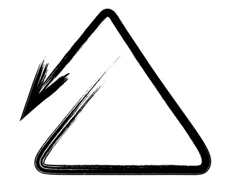 The arrow is triangular. Sketch. The pointer curls in a triangle and points downwards. Hand drawn sign. Vector illustration. Directional signs made from brush strokes.のイラスト素材