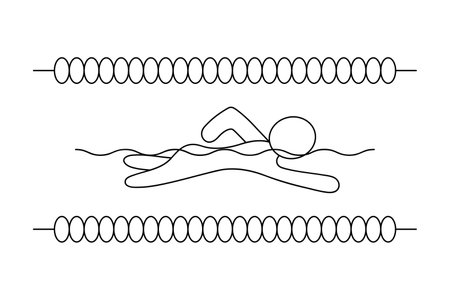 A swimmer swims crawl. The paths in the pool are separated by wave breakers. Sketch. Vector icon. A man plays sports on the water. Isolated white background. Coloring book.のイラスト素材