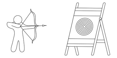 Archery at a target. Sketch. The athlete holds a crossbow in his hands, pulls the bowstring and aims the arrow at the bull's-eye of the target. Vector icon. Coloring bookのイラスト素材