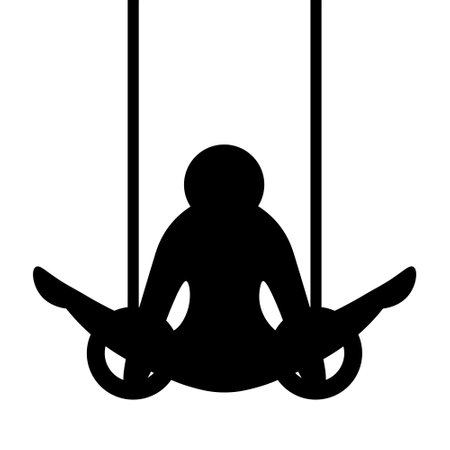 Gymnastics. Silhouette. An athlete performs an exercise on gymnastic rings. Vector illustration. An athlete tightens his legs while hanging on a sports apparatus.のイラスト素材