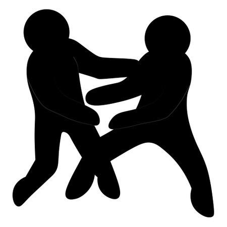 Judo. Two combatants fight without weapons. Silhouette. Vector illustration. Athletes use many techniques. Martial arts. Isolated white background. Idea for web design.のイラスト素材
