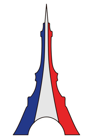 Eiffel Tower painted in the colors of the French flag. Paris landmark. Colored vector illustration. Isolated white background. Cartoon style. Metal construction with a spire.のイラスト素材