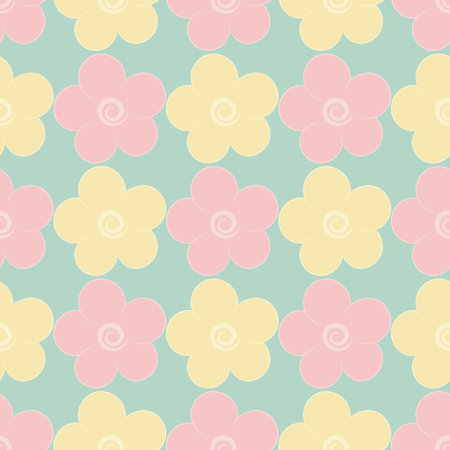 Flowers. Yellow and pink inflorescence of a blooming plant. Seamless vector pattern. Isolated green background. Endless summer ornament of opened flower buds with round petals.のイラスト素材