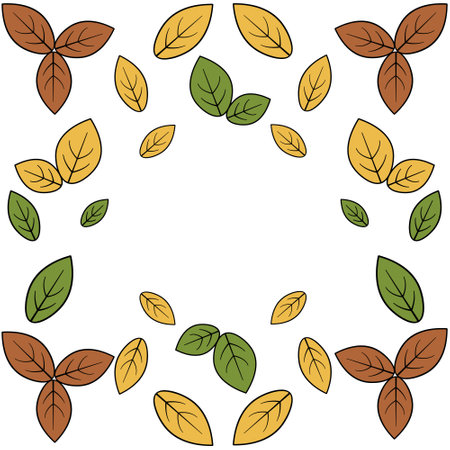 Autumn leaves. Square vector frame of leaves. Space for text. Part of a tree with veins. Oval-shaped leaves for herbarium. Isolated colorless background.のイラスト素材