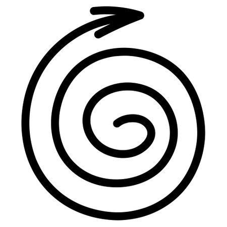 Arrow rotates in a spiral. Sketch. Black pointer twists in a circle to the right. Vector illustration. Curved sign is directed outward. Outline on an isolated white background.のイラスト素材
