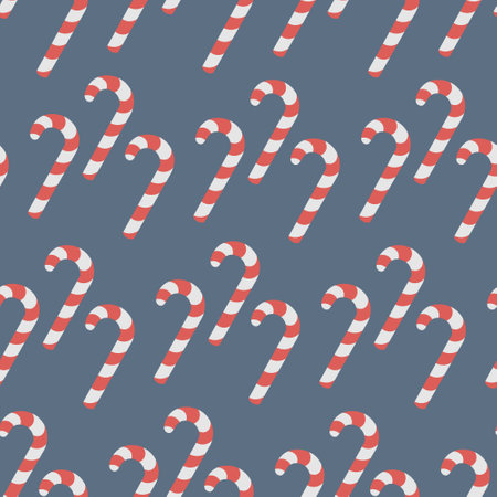 Candy cane. Endless vector pattern. Seamless Christmas ornament of striped red and white lollipops. Isolated blue background. Flat style. Idea for web design.のイラスト素材
