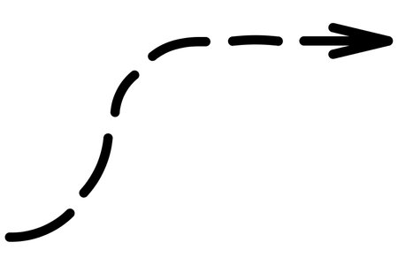 Dotted arrow. Sketch. Black pointer is bent and directed up and to the right. Hand drawn vector illustration. Outline on isolated white background. Doodle style.のイラスト素材