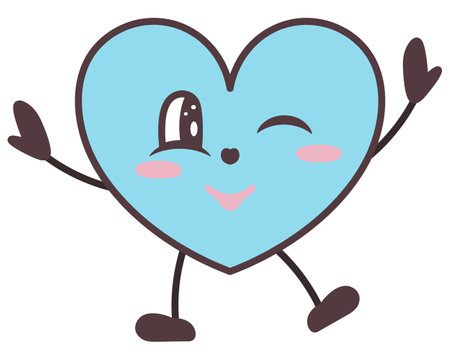 Blue male character in the shape of a heart winks. Symbol of love with a smile on his face, raises his hands up, dances with his legs. Color vector illustration. Kawaii style.のイラスト素材
