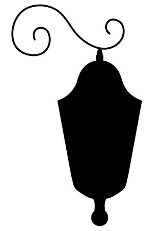 Old-fashioned street lamp. Glass lantern. Silhouette. Garden lamp hanging on curved mount. Vector illustration. Isolated white background. Idea for web design.のイラスト素材