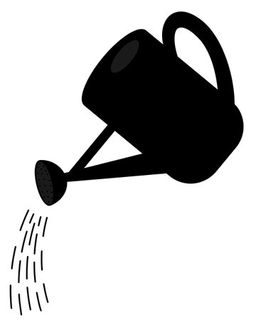 Water pours from a garden watering can. Silhouette. Black container with water for drip irrigation of plants. Vector illustration. Isolated white background. Idea for web design.のイラスト素材