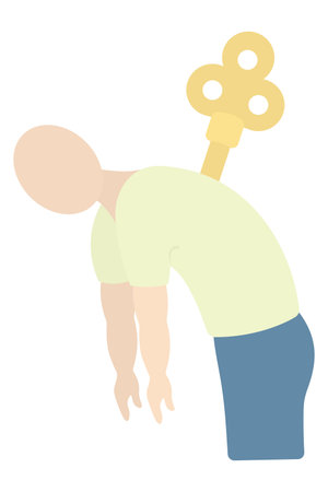 Fatigue. Color vector illustration. The patient is out of battery, bent over, arms hanging down. Turn the key. Isolated background. Flat style. Medical theme. Web design idea.のイラスト素材